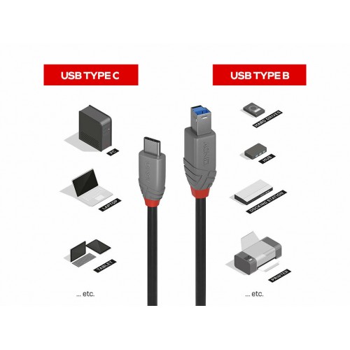 Cable Lindy USB 3.2 Tipo C a B, línea Anthra, 1m 36666